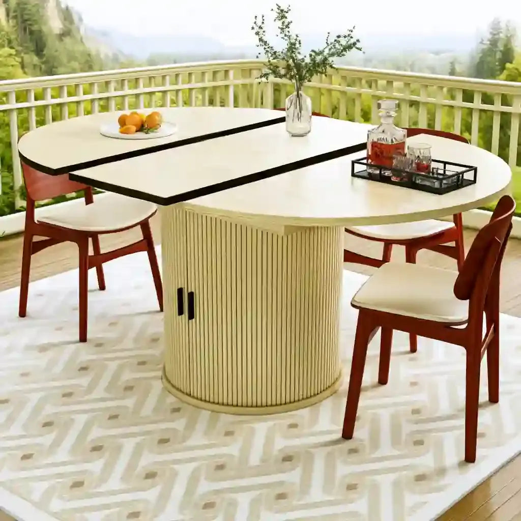 Mesa de comedor con tablero amplio y base estriada - amarillo