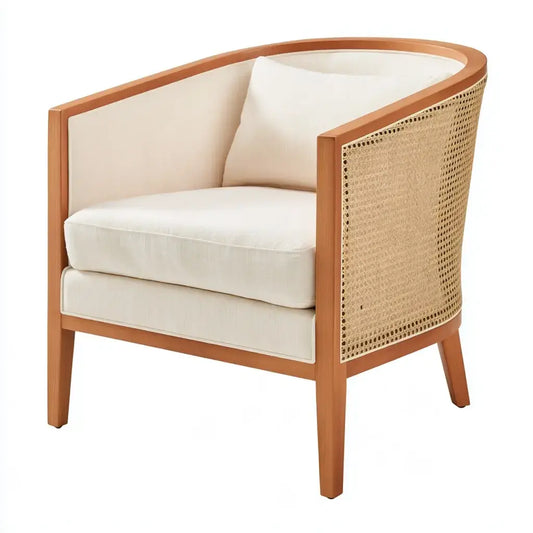 Sillón con laterales de rejilla y cojines claros - marrón/beige