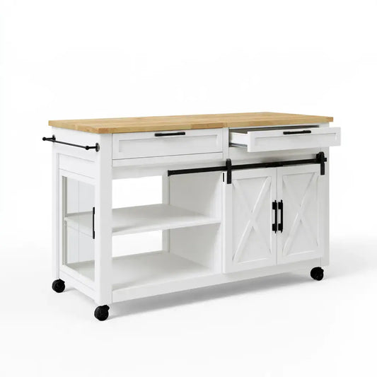 Isla de cocina con puerta corredera y estantes laterales - blanco/beige