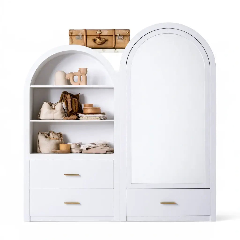 Armario con puerta arqueada y estantes laterales - blanco
