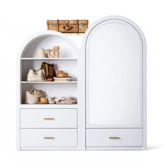 Armario con puerta arqueada y estantes laterales - blanco